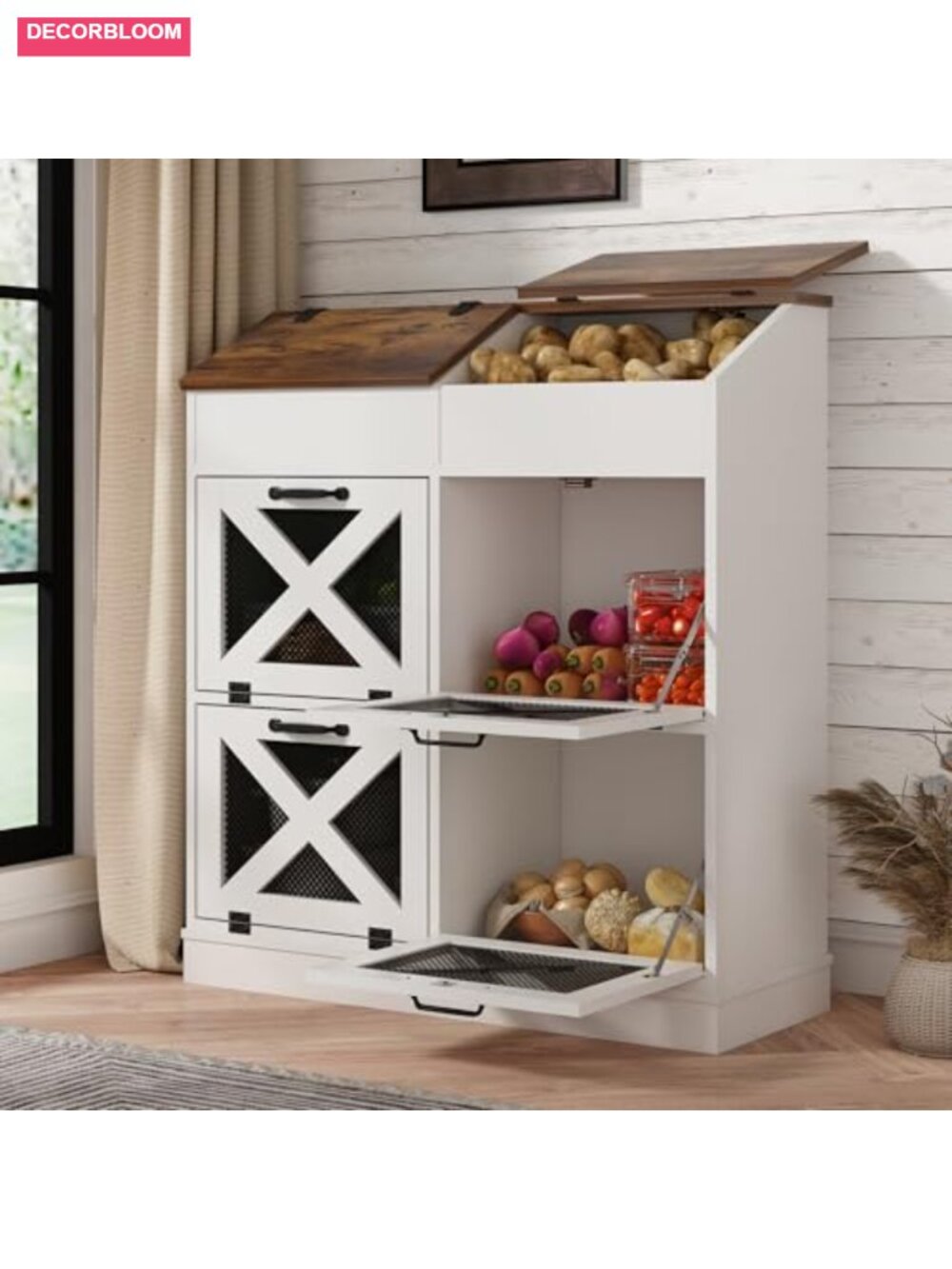 Wood Vegetable Storage Bin with Lid 6 Compartment Mesh Doors Bread Box